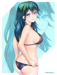 1girls alternate_costume ass ass_cleavage back big_ass bikini black_bikini black_swimsuit blue_eyes blush breasts butt_crack byleth_(fire_emblem) byleth_(fire_emblem)_(female) closed_mouth etchimune female female_only fire_emblem fire_emblem:_three_houses fire_emblem_warriors:_three_hopes long_hair looking_at_viewer looking_back nintendo simple_background smile solo swimsuit