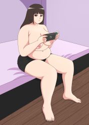 1girls absurd_res absurdres areola areolae bare_midriff bbw big_breasts breasts breasts_bigger_than_head brown_eyes brown_hair busty chubby chubby_female curvy exposed_midriff fat female female_focus female_only game_console gamer_girl handheld_game_console high_resolution highres holding_object horny horny_female huge_breasts large_breasts light-skinned_female long_hair mature mature_female midriff milf nature nintendo nintendo_switch nipples obese one_eye_closed original out_of_frame overweight overweight_female pink_areola pink_areolae pink_nipples playing_videogame plump shorts side_view sitting sitting_on_bed thick_thighs thighs thunder_thighs vanilireph video_games wide_hips wooden_floor young