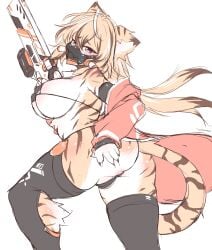 absurd_res anthro barely_visible_genitalia barely_visible_pussy bikini clothing cybernetics felid female genitals gun hi_res machine mammal mask pantherine pussy ranged_weapon rifle solo swimwear syrup_(artist) tiger weapon