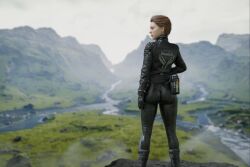 1girls 3d ass big_ass blonde_hair blue_eyes brown_hair brunette butt curvaceous curvy curvy_figure death_stranding dirty_blonde_hair emberstock eyebrows eyelashes eyes female female_only fragile_(death_stranding) fully_clothed hair hips hourglass_figure kojima_productions lea_seydoux leather leather_boots leather_jacket legs lips looking_back shiny shiny_clothes short_hair solo thick thick_legs thick_thighs thighs voluptuous wide_hips