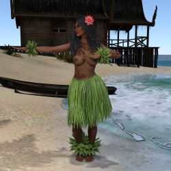 1:1_aspect_ratio 3d 3d_(artwork) beach beach_hut black_hair canoe casual_nudity casual_topless dancer dancing dark-skinned_female dark_nipples dark_skin deviantart female flower flower_in_hair grass_skirt hawaiian hula hula_dancer leaf_bracelets lelapinerotique looking_to_the_side ocean original_character public_topless red_flower red_lipstick solo tattooed_arm tattoos topless topless_female wooden_hut