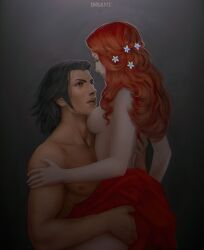 1boy 1girls angeal angeal_hewley black_hair blue_eyes breasts crisis_core_final_fantasy_vii female final_fantasy final_fantasy_vii flower_in_hair ginger insant long_hair looking_at_another male male/female nudity oc red_dress red_hair sensual short_hair straight tagme