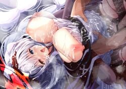 azur_lane blue_eyes breasts bukkake clothed_female_nude_male cum cum_on_body dark-skinned_male dark_skin elbing_(azur_lane) facial female grabbing heterochromia highres huge_breasts long_hair lying madotsukumo motion_lines nipples nude on_back open_mouth orange_eyes out_of_frame sex skindentation solo straight tongue tongue_out very_long_hair white_hair