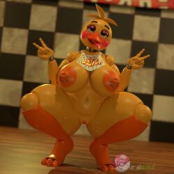 1girls 3d 3d_(artwork) ahe_gao anthro big_breasts blush cartoony chiramisu dripping_pussy female female_only five_nights_at_freddy's five_nights_at_freddy's_2 love_ball nipple_piercing nipple_rings nipples nude peace_sign solo squatting tongue tongue_out toy_chica_(fnaf)