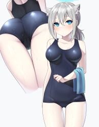 1girls animal_ear animal_ears aqua_eyes ass ass_visible_through_thighs bare_shoulders big_breasts blue_archive blush cameltoe collarbone female female_only grey_hair hair_between_eyes halo highres legs light-skinned_female looking_away medium_breasts medium_hair menbou_(menbow3v) one-piece_swimsuit shiroko_(blue_archive) solo standing swimsuit thighs tight_clothing towel wet wet_clothes white_background