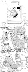 1girls 2boys 3_fingers 3_toes accidental_exposure accidentally_stuck alien_girl ass ass_focus bb_(baalbuddy) big_ass big_breasts bioware clothing comic commander_shepard dat_ass female funny humor krogan maleshep mask mass_effect monochrome quarian stitched stuck tali'zorah_nar_rayya urdnot_wrex washing_machine what_are_you_doing,_step_bro? wholesome