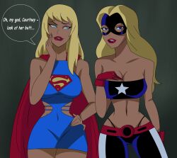 2d 2girls adapted_costume big_breasts blonde blonde_female blonde_hair blue_eyes breasts cartoon_network cleavage courtney_whitmore dc_comics dcau dialogue duo female female_only ghostlessm gossip hourglass_figure human justice_league_unlimited kara_danvers kara_zor-el kryptonian light-skinned_female long_hair navel skimpy smirk smirking smug speech_bubble stargirl staring_at_ass supergirl superheroine talking teenager thick_thighs toonami wide_hips