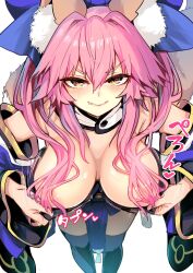 animal_ear_fluff animal_ears bangs blue_ribbon blush breasts cleavage closed_mouth detached_sleeves fate/extra fate_(series) female fox_ears fox_girl from_above hair_ornament hair_over_breasts hair_ribbon highres japanese_clothes large_breasts long_hair long_sleeves looking_at_viewer pink_hair ribbon simple_background smile solo tamamo_no_mae_(fate) white_background wisespeak yellow_eyes