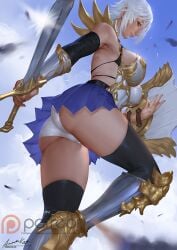 1girls ariverkao armor big_breasts clothed glint high_heels high_resolution highres miniskirt original original_characters shield silver_hair sky sword thighhighs visible_underwear weapon