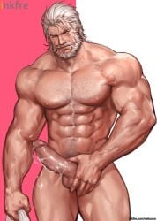 balls bara beard blizzard_entertainment boner cum dopq erection facial_hair gay hairy male male_only muscles muscular overwatch penis reinhardt scars solo solo_male yy6242