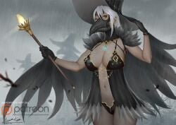 1girls ariverkao big_breasts cape feathers high_resolution highres lingerie magic magic_user mask necklace original original_characters plague_doctor_mask raining silver_hair staff weapon white_background witch witch_hat wizard_hat