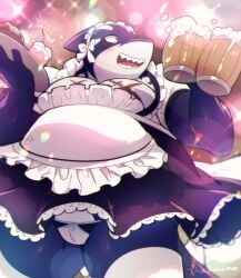 alcohol animal_genitalia anthro belly beverage blush cloaca clothed clothing crossdressing fish genitals hi_res lifewonders maid_headdress maid_uniform male marine mug musclegut no_underwear pecs shark slit solo tokyo_afterschool_summoners typhon umekemo42 uniform upskirt video_games