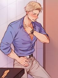 blonde_hair bulge bulge_through_clothing cum cum_through_clothes cum_through_clothing jujutsu_kaisen kento_nanami kiwiscorner male_only polo_shirt