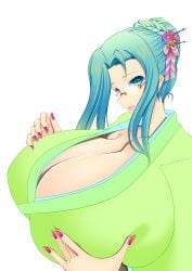 1girls akira_agata big_breasts blue_hair breasts_bigger_than_head enormous_breasts gigantic_breasts holding_breast huge_breasts long_hair looking_at_viewer massive_breasts milf nails tagme yukata