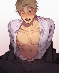 1boy abs jujutsu_kaisen kento_nanami kiwiscorner male_only muscles muscular_male open_shirt polo_shirt undressing