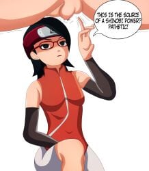 1boy 1girls black_eyes black_hair boruto:_naruto_next_generations censored censored_penis censored_testicles clothed cock_and_ball_torture english_text femdom flicking glasses kunoichi looking_at_penis mosaic_censoring naruto naruto_(series) noviceartist red_glasses sarada_uchiha simple_background talking teenage_girl teenager text unseen_male_face white_background zipper