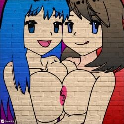 2girls blue_eyes blue_hair brick_wall brown_hair cartoony dawn_(pokemon) female female_only human may_(pokemon) multiple_girls nintendo nipples nude pink_nipples pokemon sassypauline tongue tongue_out touching_breast