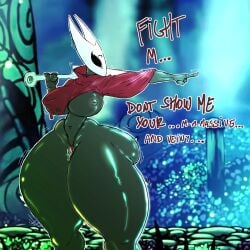 absurd_res anthro arthropod ass big_breasts big_butt bodily_fluids bottom_heavy cloak english_text female hi_res hollow_knight hornet_(hollow_knight) hourglass_figure huge_ass huge_butt hyper hyper_thighs insect_girl insects large_breasts libi_dos nipple_slip nipples nipples_visible_through_clothing pointing pussy_juice skindentation team_cherry text thick_thighs thong video_games weapon