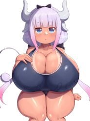 1girls aged_up big_breasts blue_eyes breasts eye_contact female horns huge_breasts kanna_kamui looking_at_viewer miss_kobayashi's_dragon_maid shortstack smaller_female solo swimsuit tan_skin tanline thick_thighs triagorodri_(artist) twintails wide_hips