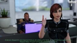 3d 3d_(artwork) banap blender blender_(software) comic comic_page commander_shepard computer david_anderson dialogue diplomacy english english_dialogue english_text femshep instant_loss mass_effect red_hair sci-fi science_fiction smile smiling subtitled text