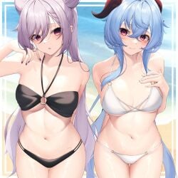 2girls :o absurdres arm_behind_back bamboo_shoot_bun bangs beach bikini black_bikini blue_hair blush braid breasts cleavage cone_hair_bun cowboy_shot crossed_bangs ganyu_(genshin_impact) genshin_impact goat_horns gradient_eyes hair_between_eyes hair_bun hand_on_own_chest hand_up highres horns keqing_(genshin_impact) long_hair looking_at_viewer medium_breasts multicolored_eyes multiple_girls nail_polish navel o-ring o-ring_bikini paid_reward_available parted_lips purple_eyes purple_hair purple_nails red_eyes revision shirafuji_ene side-by-side sidelocks skindentation swimsuit thigh_gap thighs twintails very_long_hair wet wet_hair white_bikini