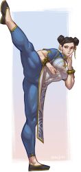 1girls absurd_res big_breasts black_hair capcom chun-li female female_only hair_bun hair_buns leg_up m4rjinn muscles muscular_legs muscular_thighs pose posing solo solo_female standing_split street_fighter street_fighter_6 thick_legs thick_thighs