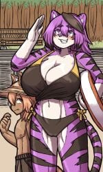 anthro big_breasts bikini bikini_bottom bikini_top black_fur blush breasts cameltoe cleavage female furry happy huge_breasts komenuka_inaho large_breasts larger_female looking_at_another looking_up male mammal original original_character outdoors outside purple_fur smaller_male smile smiling standing swimsuit tagme tiger two-tone_fur wife wife_and_husband zeno_(komenuka_inaho)