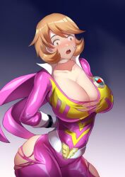 alternate_breast_size arms_behind_back atlus big_breasts bodysuit breasts choker cleavage fat_ass haryudanto light-skinned_female light_skin megami_tensei persona persona_3 persona_4_arena pink_bodysuit shocked short_hair thick_thighs thighs torn_bodysuit torn_clothes voluptuous wardrobe_malfunction yukari_takeba