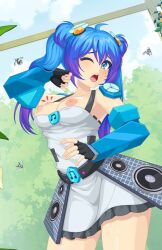 1girls alpha_(crush_crush) bee blue_eyes blue_hair breasts breasts_out_of_clothes conversation crush_crush female female_focus female_only game_cg one_eye_closed open_mouth sad_panda_studios skirt solo solo_female solo_focus tree