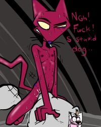 absurd_res anthro big_eyes black_background black_eyebrows black_eyes bodily_fluids brown_ears brown_nose canid canine canis cartoon_network clenched_teeth collar concentrating concentration courage_the_cowardly_dog courage_the_cowardly_dog_(character) cum dialogue domestic_cat domestic_dog english_text exclamation_point eyebrows fantasizing fantasy felid feline felis fur genital_fluids grey_background grin grinding half-closed_eyes hi_res holding_object humping illegaleel katz_(courage_the_cowardly_dog) kneeling looking_down looking_pleasured male male/male mammal markings masturbation narrowed_eyes nipples nude orgasm photo picture_in_picture pillow pillow_humping pink_body pink_fur pupils purple_nose red_body red_fur simple_background small_pupils smile solo spider_web striped_body striped_fur striped_markings stripes sweat sweatdrop sweating_profusely tape teeth text thick_eyebrows thinking thinking_about_another thrusting tsundere whiskers yellow_sclera