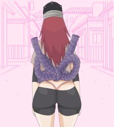 1girls ass ass_cleavage back_view bike_shorts butt_crack clothed faceless faceless_female facing_away fat_ass female female_only from_behind g-string headwear highleg highleg_panties long_hair lrslink naruto naruto_(classic) naruto_(series) naruto_shippuden outdoors panties rear_view red_hair solo solo_focus street tayuya thong turban