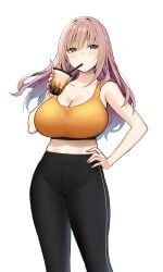 1girls 2022 absurd_res bare_arms bare_shoulders breasts brown_eyes bubble_tea cleavage clothing cup disposable_cup drink drinking eyebrows_visible_through_hair female female_only hand_on_hip highres holding_drink huge_breasts index_finger_raised joshi_kōsei_rich_thots kaori_(sky_(freedom)) large_breasts long_hair looking_to_the_side midriff nail_polish orange_sports_bra original pants pink_hair pink_nails simple_background skindentation sky_(freedom) solo sports_bra sportswear standing straw sweat tight_clothing white_background yoga_pants