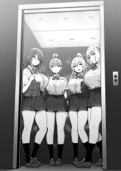 2022 4girls absurd_res ara_ara bag bow bowtie breasts clothed clothing elevator eyebrows_visible_through_hair female female_only full_body fully_clothed glasses greyscale hair_bun hairpin heavy_breathing highres himeko_(sky_(freedom)) hinano_(sky_(freedom)) huge_breasts indoors joshi_kōsei_rich_thots kneehighs large_breasts loafers long_hair looking_at_viewer monochrome multiple_girls open_mouth original pleated_skirt ponytail school_uniform seductive semi-rimless_glasses shirt shoes short_hair shoulder_bag skirt sky_(freedom) smell smile standing teeth thick_thighs thighs tied_hair tongue uniform yui_(sky_(freedom)) yurie_(sky_(freedom))