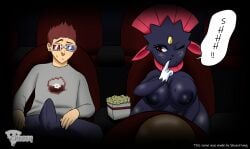 1boy 2022 3d_glasses anthro big_areola big_breasts cheezy cinema dark_room female huge_areolae huge_breasts human_on_anthro imminent_oral imminent_sex male_human/female_anthro movie_theater nintendo pokemon popcorn public shoestrang shushing sweat sweatdrop sweaty thick_thighs thighs weavile