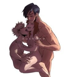 1girls 2boys black_hair black_hair_male blonde blonde_hair blonde_hair_male blonde_male brown_hair brown_hair_female brunette completely_nude duskume female hands_on_thighs katsuki_bakugou licking licking_face male my_hero_academia nude nude_female nude_male ochako_uraraka on_lap open_mouth romantic sandwich_position sandwiched shounen_jump sitting_on_lap spiky_hair tenya_iida threesome tongue wholesome