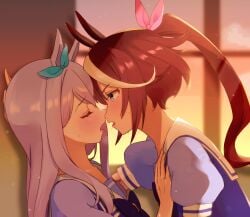 2girls blush female_only french_kiss kissing mejiro_mcqueen_(umamusume) saliva_trail tokai_teio_(umamusume) umamusume yuri