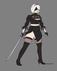 1girls belly big_belly big_breasts blindfold breasts chubby clothing female female_only grey_background hairband light-skinned_female light_skin nier nier:_automata short_hair solo solo_female standing sushi_knight thick_thighs thighhighs weight_gain white_hair yorha_2b