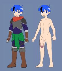 1boy adventurer armor big_penis blue_eyes blue_hair character_reference character_sheet completely_nude daisuke_jikihara daisuke_jikihara_(ichigo_ink) fantasy flaccid flaccid_penis ichigo_ink light-skinned_male light_skin male male_only nude_male original original_character quakeartnsfw ranger reference_image