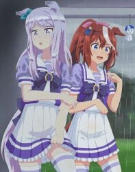 2girls female_only mejiro_mcqueen_(umamusume) outside rain school_uniform short_dress tokai_teio_(umamusume) umamusume wet_clothes