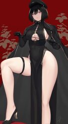 1girls bangs big_breasts black_dress black_footwear black_gloves black_hair breasts classy-black-haired_girl_(hayabusa) cleavage_cutout cloak clothing_cutout covered_navel dominant_female dominatrix dress earrings elbow_gloves female female_only femdom garter gloves hair_between_eyes hat hayabusa heels high_heels highres holding holding_riding_crop jewelry large_breasts mole mole_under_eye mole_under_mouth original parted_lips pelvic_curtain purple_eyes red_background riding_crop short_hair_with_long_locks single_earring solo standing thick_thighs thigh_strap underboob underboob_cutout