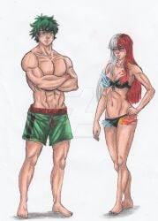 bikini female_todoroki izuku_midoriya long_hair my_hero_academia rule_63 shouto_todoroki swimming_trunks swimsuit swimwear