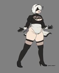 1girls bbw belly big_belly big_breasts blindfold breasts chubby clothing fat female female_only grey_background hairband light-skinned_female light_skin nier nier:_automata short_hair solo solo_female standing sushi_knight thick_thighs thighhighs torn_clothes weight_gain white_hair yorha_2b