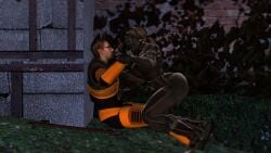 1boy 1girls against_wall big_ass big_breasts big_butt black_ops_(half-life) black_ops_assassin brown_hair crowbar female female_assassin garry's_mod glasses goggles goggles_on_head gordon_freeman grabbing hair half-life half-life_2 holding large_ass large_breasts latex_suit male on_top prestonbz suit