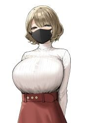 1girls 2022 absurd_res arms_behind_back belt blush breasts brown_eyes brown_hair clothed clothing emika_muko eyebrows_visible_through_hair eyes_visible_through_hair face_mask female female_only half-closed_eyes high-waist_skirt highres huge_breasts looking_at_viewer mask real_person ribbed_sweater seductive short_hair simple_background skirt sky_(freedom) solo sweater turtleneck turtleneck_sweater upper_body white_background white_sweater