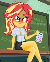 1girls accurate_art_style angry breasts chalkboard classroom cleavage crossed_legs desk english_text equestria_girls erect_nipples female friendship_is_magic glasses hasbro hi_res highres kingdark0001 legs looking_at_viewer miniskirt my_little_pony nipple_bulge nipples pokies side_slit skirt solo solo_female sunset_shimmer teacher text thighs two_tone_hair