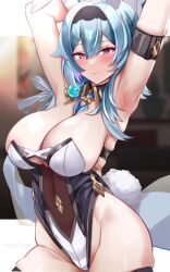 1girls 2022 armpits arms_up asymmetrical_hair blue_hair blush breasts bunny_ears bunny_girl bunny_tail bunnysuit cleavage eula_(genshin_impact) female female_only genshin_impact highleg_leotard hips huge_breasts leotard long_hair purple_eyes rapa00pa slim_waist smile solo_female thick_thighs thighs wide_hips