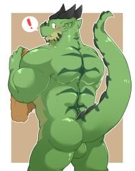 2018 anthro azu_cacti back_muscles backsack balls big_muscles countershade_torso countershading dragon facial_spikes genitals green_body green_eyes green_scales hi_res horn huge_muscles jaw_spikes looking_back male multicolored_body multicolored_scales muscular muscular_anthro muscular_male nude raised_tail reptile scales scalie seintaur solo spiked_tail spikes spikes_(anatomy) towel two_tone_body two_tone_scales