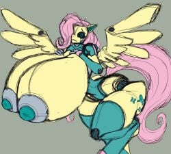 anthro anthrofied big_breasts black_sclera breasts digital_media_(artwork) equid equine eyelashes female fluttershy_(mlp) friendship_is_magic green_eyes hair hair_on_head hasbro huge_breasts hyper hyper_breasts imric1251 machine mammal my_little_pony nipples pegasus pink_hair pink_tail robot robot_girl simple_background solo spread_wings thick_thighs wide_hips wings yellow_body