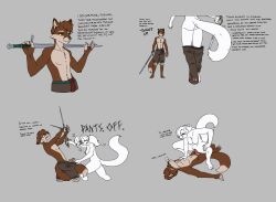 2022 absurd_res angry anthro arcthoudor_of_dunsmuir_(duster) ass bottomwear bottomwear_down bottomwear_pull breasts brown_body brown_fur canid canine chest_tuft clenched_teeth clothed clothing clothing_pull comic cowgirl_position crouching dialogue duo english_text erection female female_penetrated fight fist foreskin fox from_front_position fur furry furry_only genitals green_eyes grey_background hair hanging_breasts hi_res looking_pleasured lying madmanransom male male/female male_penetrating male_penetrating_female mammal melee_weapon nervous nipples nude on_back on_bottom on_top pants pants_down pants_pull partially_clothed patience_larhun_(duster) penetration penis profanity pussy sequence sex simple_background spread_legs spreading sword swordfight tail teeth text topless tuft undressing undressing_another vaginal_penetration weapon white_body white_fur white_hair