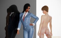 2girls 3d blankpins clothed_female heels high_heels jacket long_hair mercy nude_female overwatch pharah pinup short_hair simple_background tie woman_in_suit